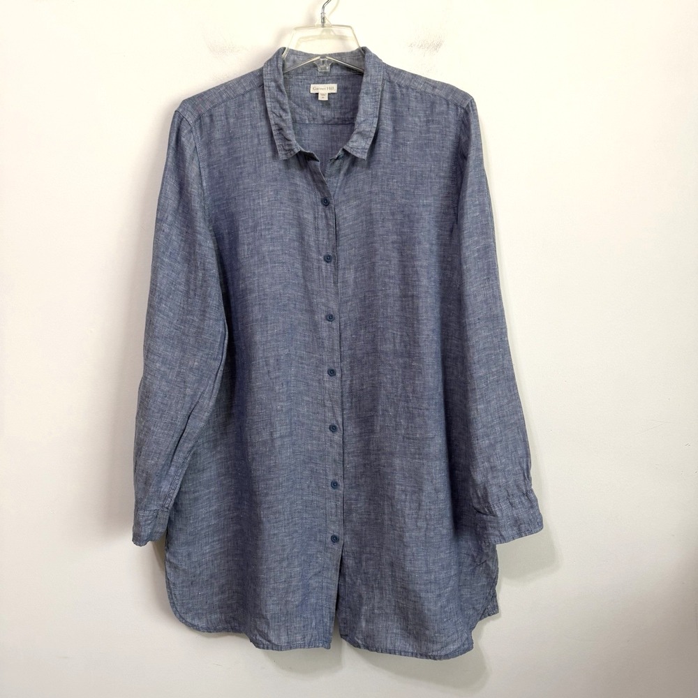 Garnet Hill Easy Linen Tunic Blouse XL Blue Minimal Luxury Top Summer Classic